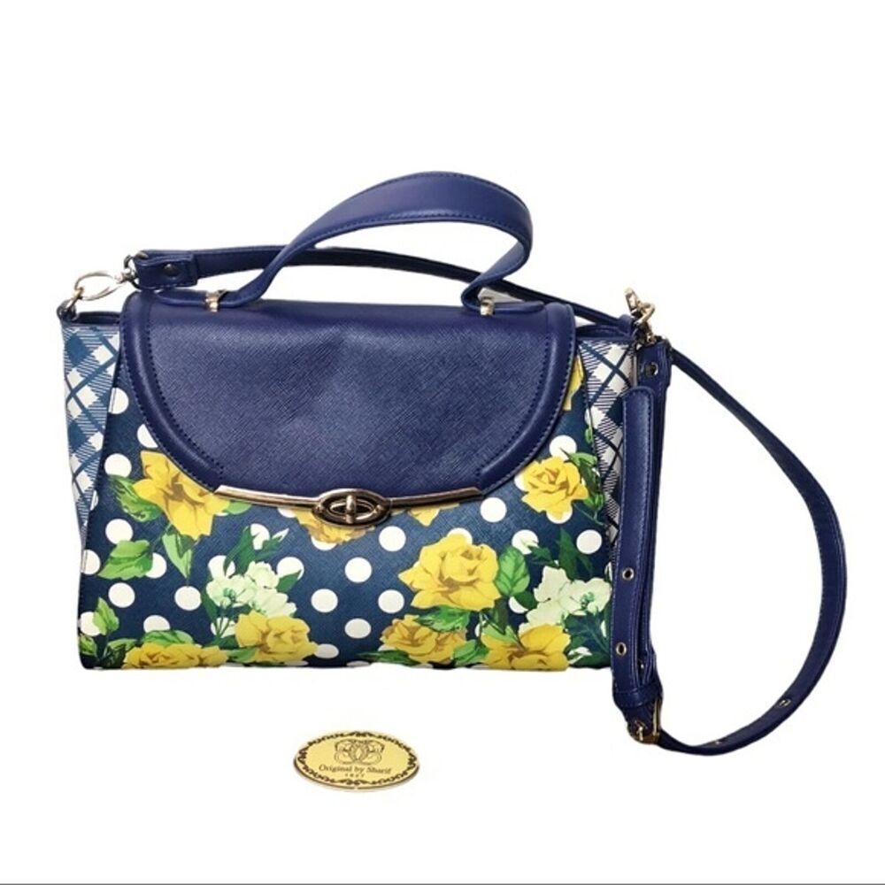 Sharif Sunshine Blue White Polka Dot Yellow Floral Crossbody Top Handle Bag